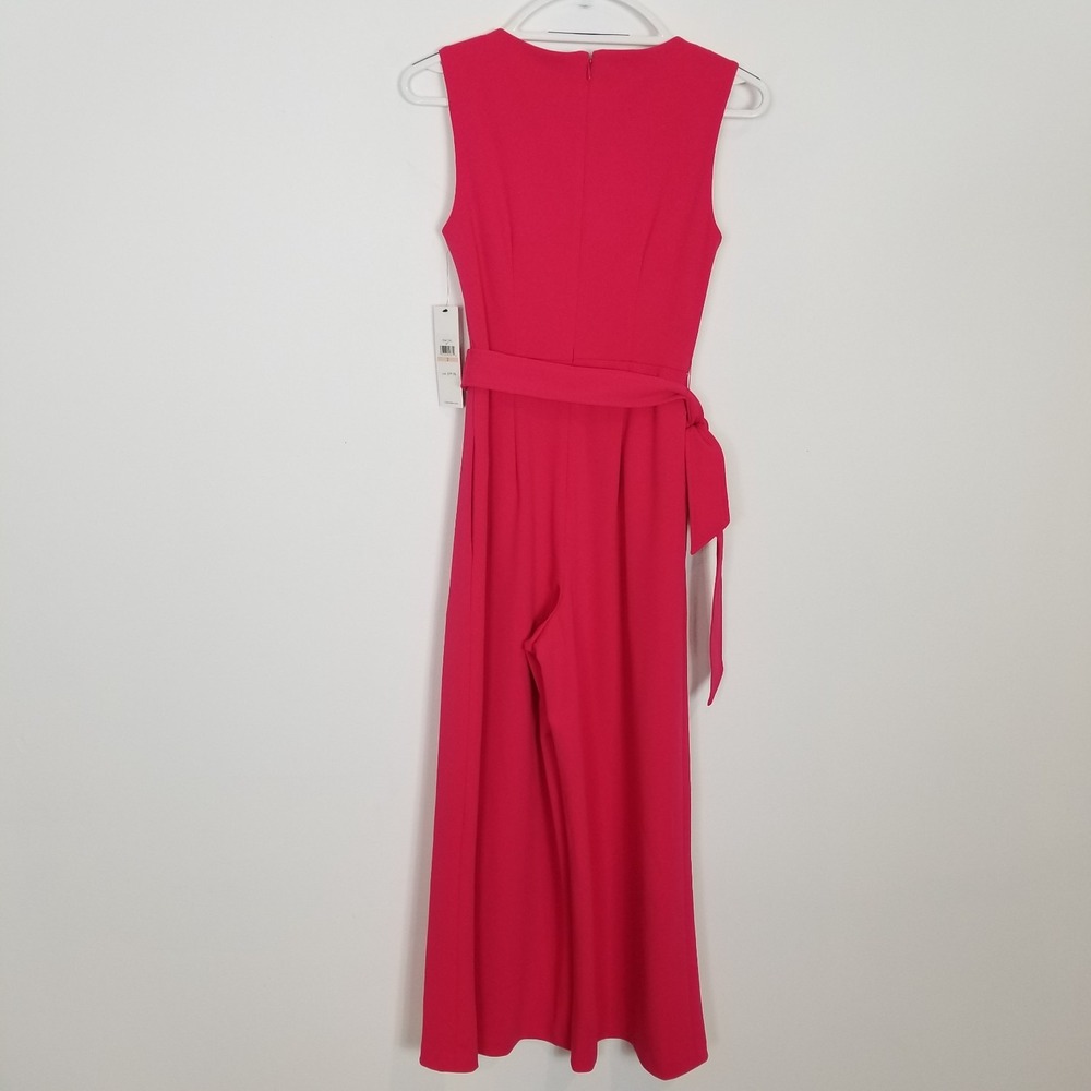 Calvin‎ Klein Women V-neck Jumpsuit Sz S Bright Pink Tie Waist Cropped V Neck - Picture 4 of 11